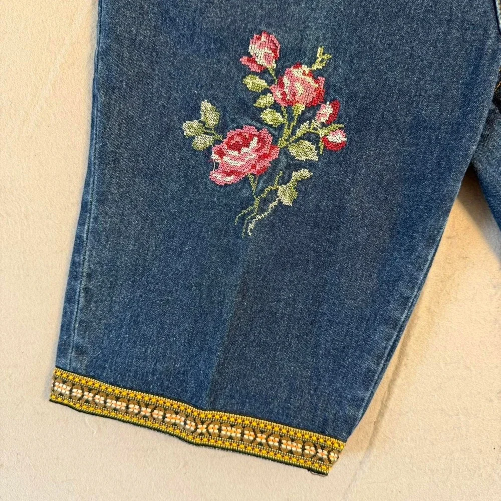 Vintage Ebass High Rise Embroidered Mom Jorts Dark Wash Floral Denim Shorts 26
